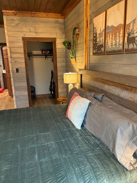 King bed with pillows against a wood-plank wall, with the closet door open beyond