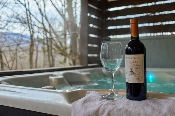 Glass of wine and a bottle on the edge of the hot tub, with wooded hills beyond