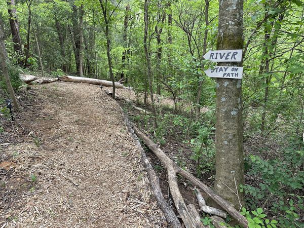 Wood-chip path through the woods with a sign on a tree reading River, Stay on path